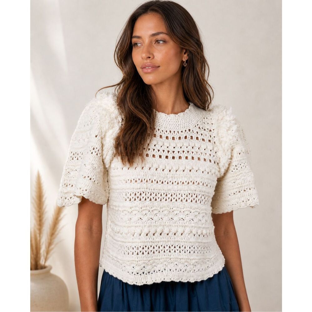 Sea NY Darcy Fringe Short Sleeve Sweater Cream | Textured Knit Coastal Quiet Lux